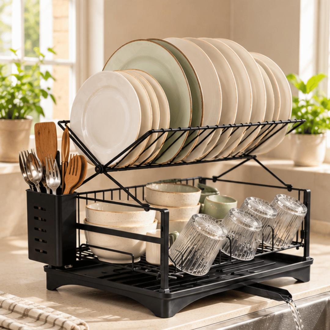 Two Tier Black Carbon Steel Dish Drying Rack with Swivel Drainage Spout