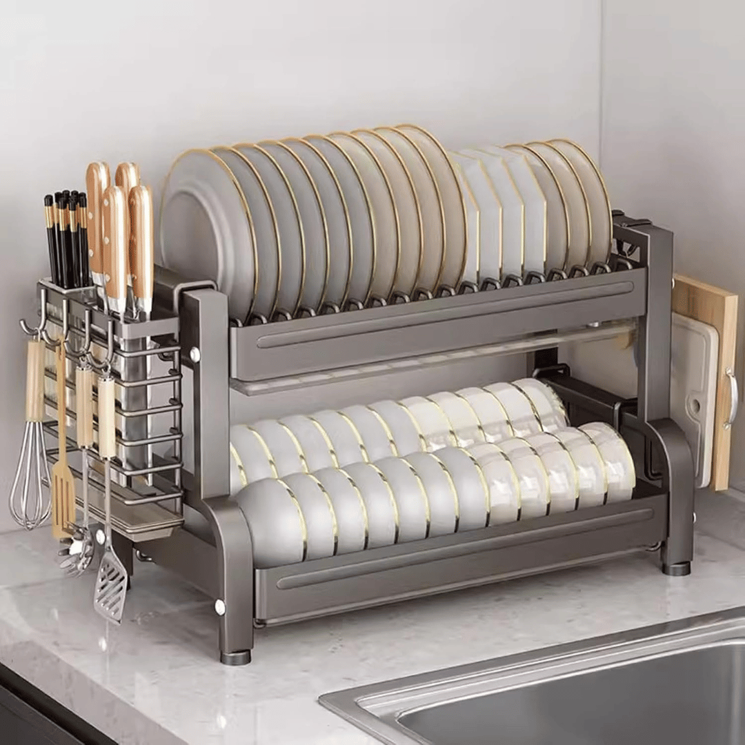Two Tier Carbon Steel Dish Drying Rack with Knife Holder and Drip Trays