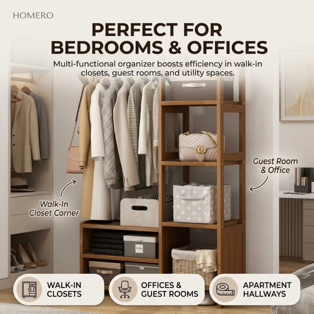 Multi Storage Bamboo Clothes Rack Open Wardrobe with Hanging Rail Shelves