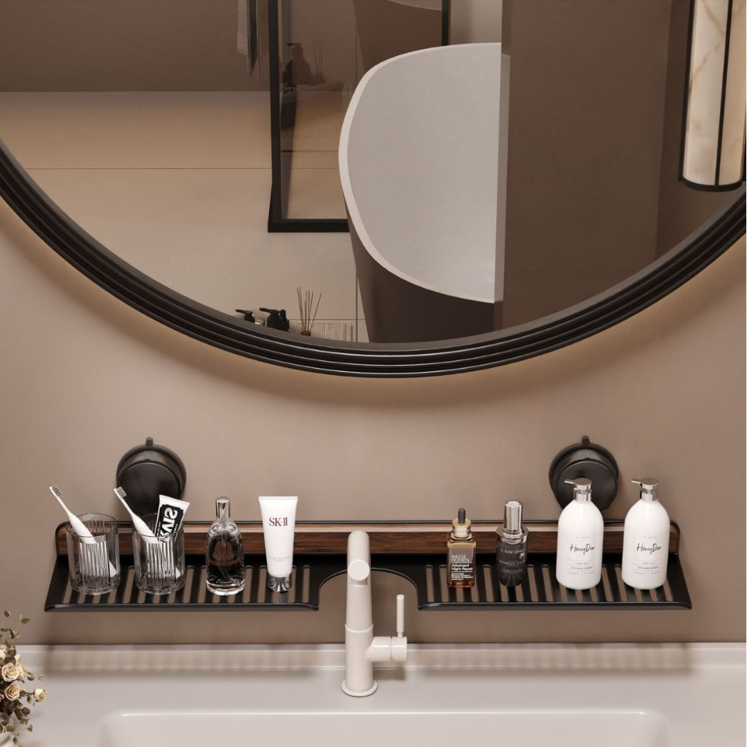 Homero Modern Walnut Faucet Rack Organizer With Drain Shelf