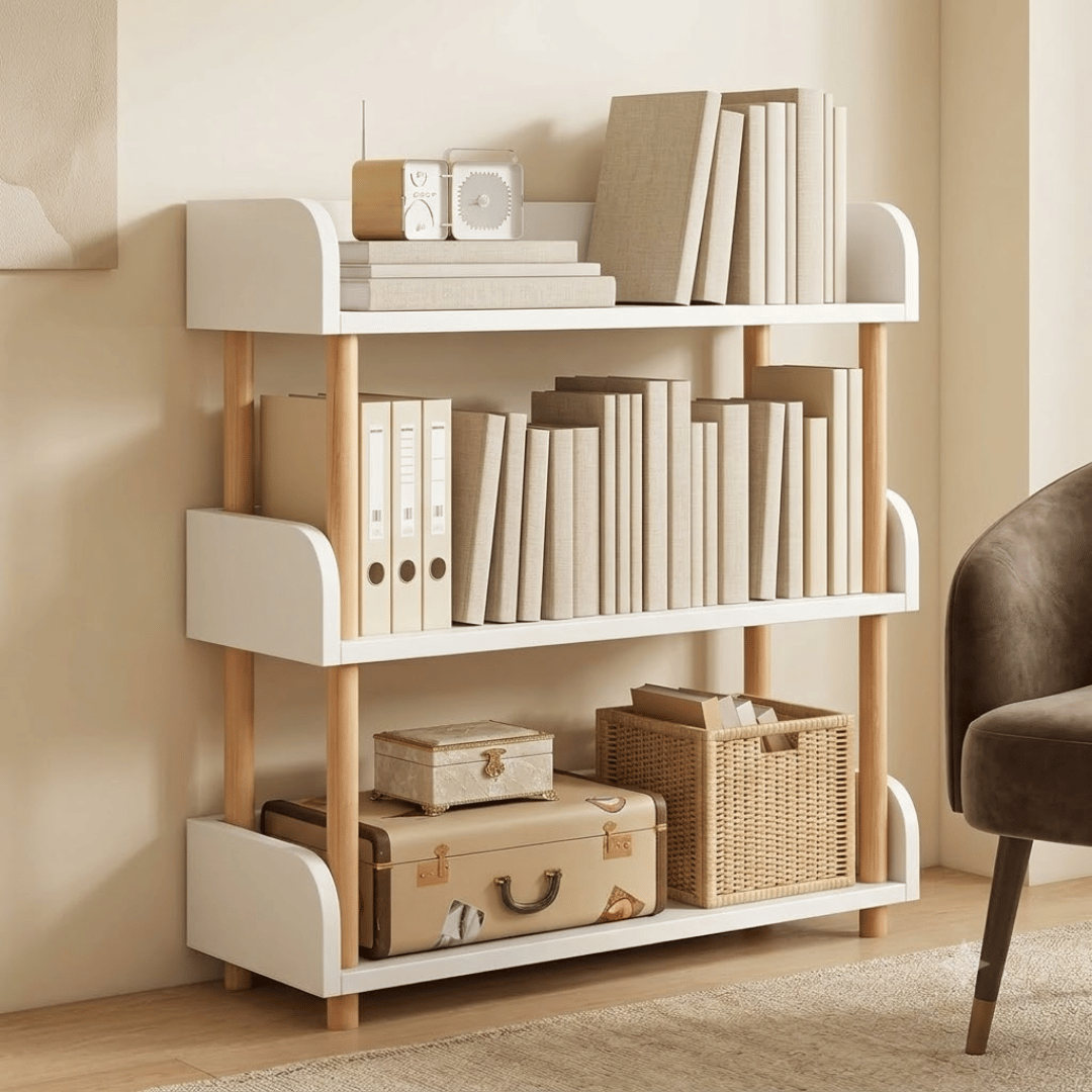 Elegant Floor Standing Display Shelf with Upright Storage and Beech Wood Legs