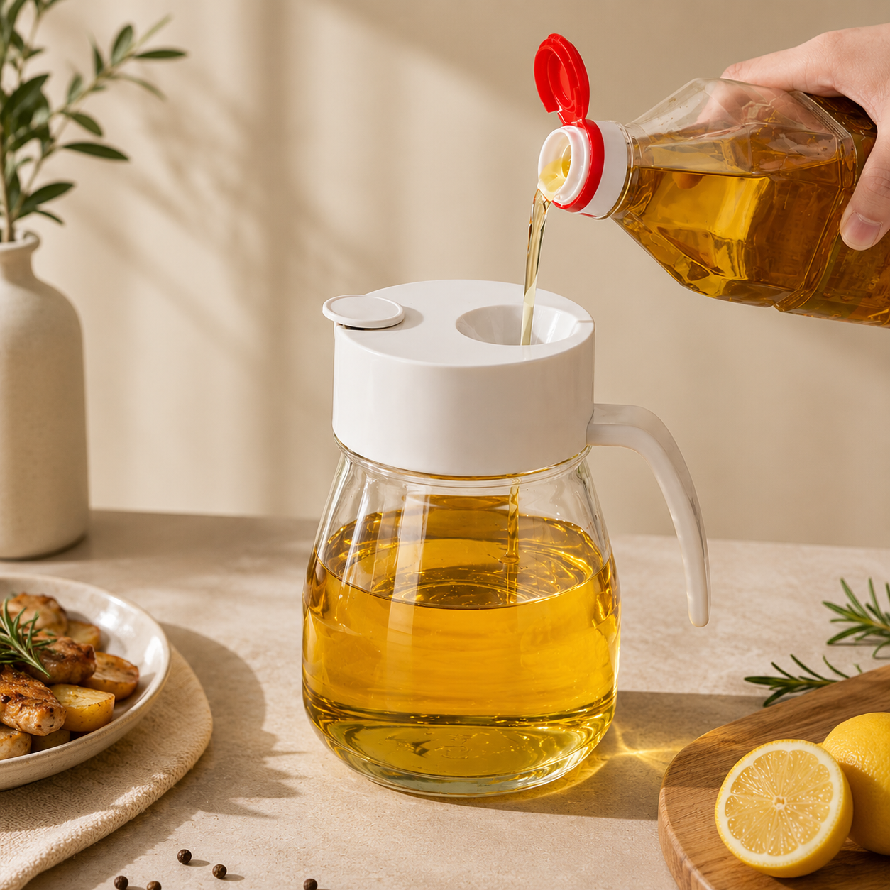 Automatic Flip Lid Glass Oil Dispenser Bottle - 900ml