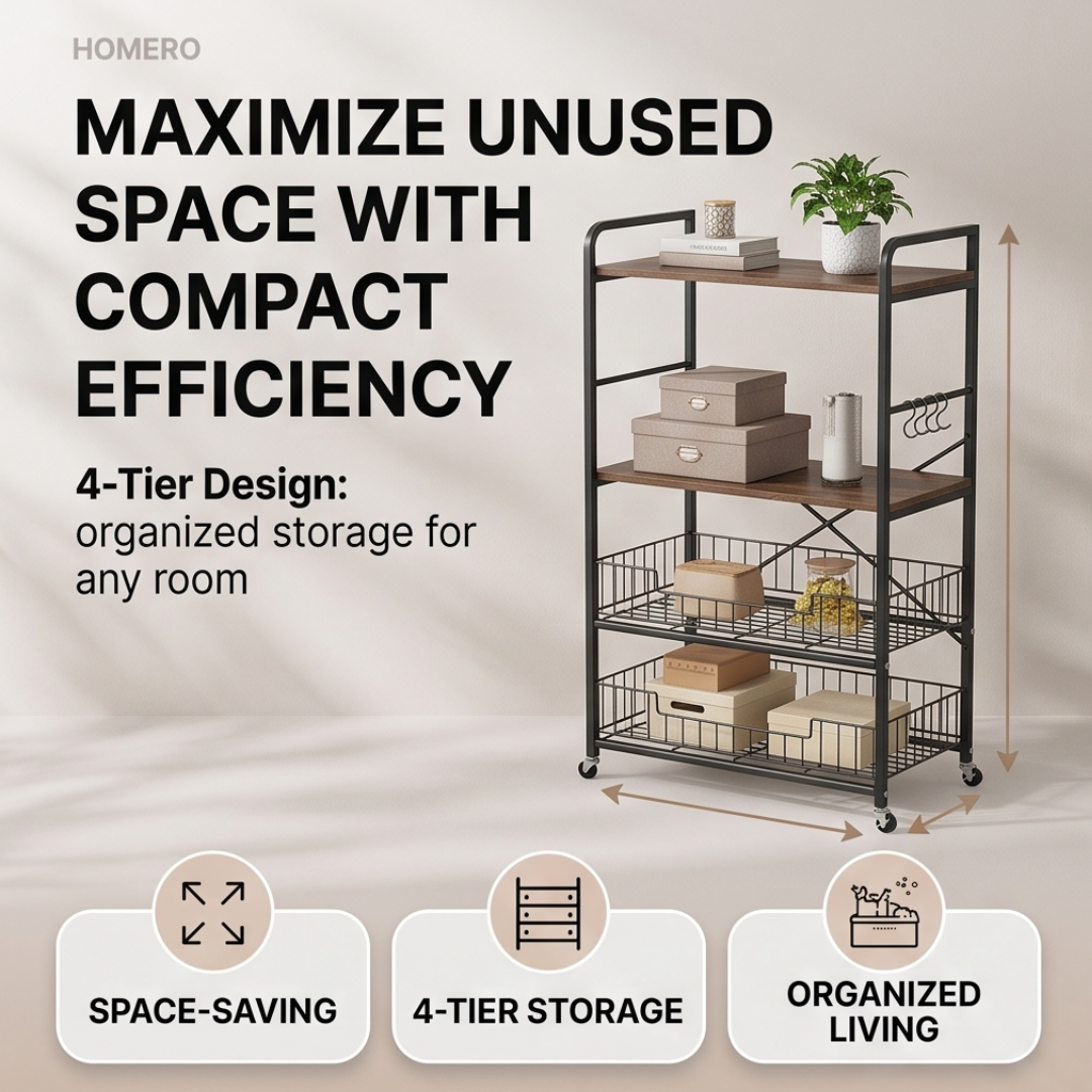 4 Tier Rolling Kitchen Storage Rack with Wooden Shelves & Wire Baskets