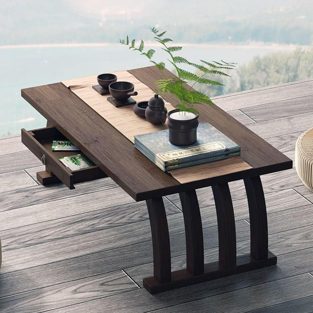 Premium Japanese Style Curve Bamboo Table with Storage Drawer