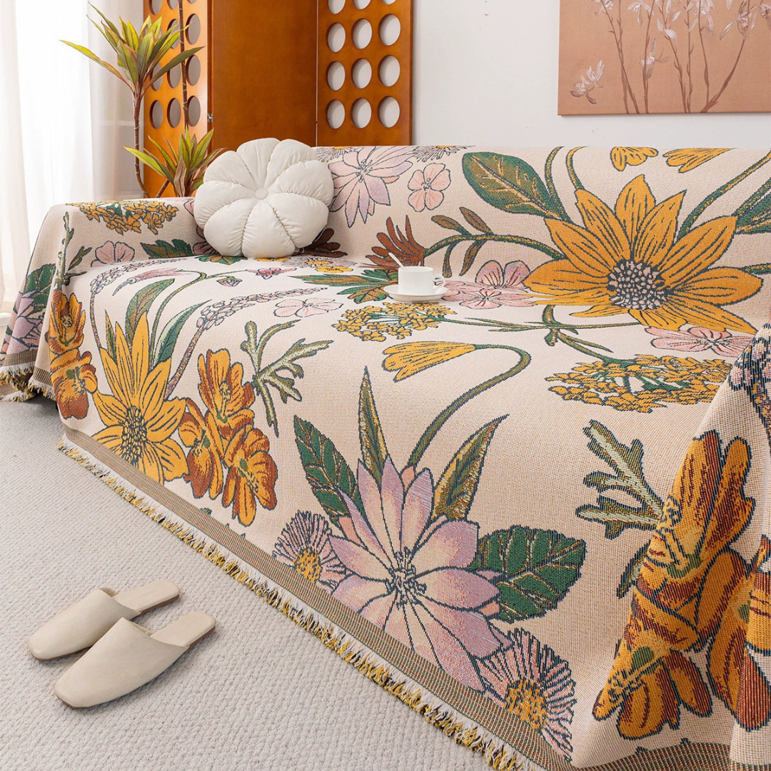Soft Cotton Sofa Cover with Handwoven Fringe and Floral Texture