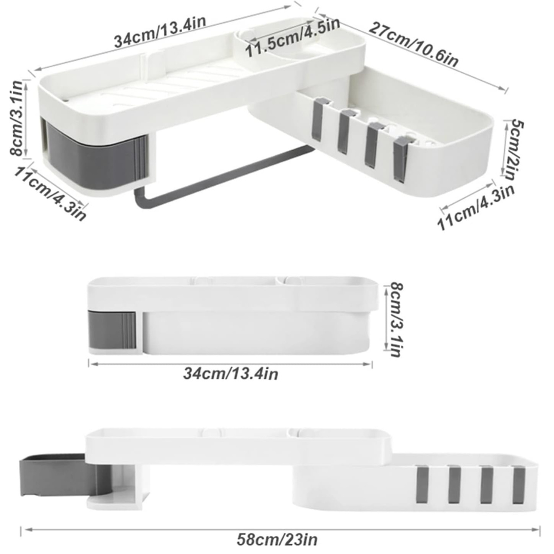 Wall Mounted 180° Foldable Corner Storage Rack with Drainage Design & Hidden Hooks