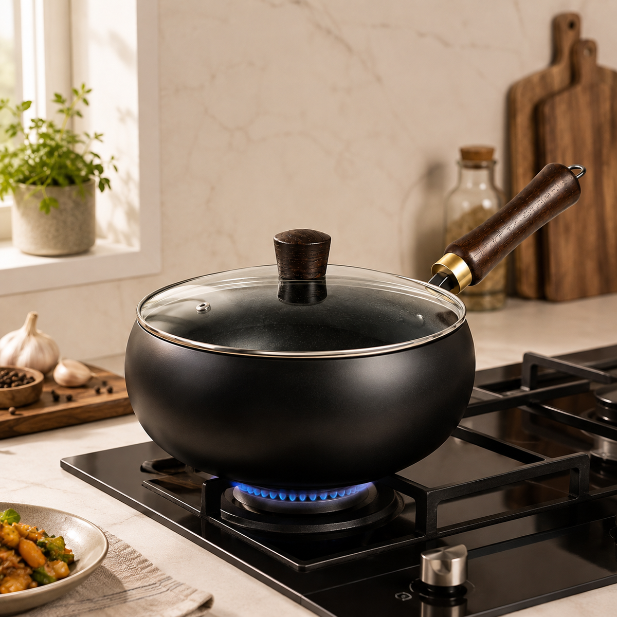 Homero Premium Iron Frying Wok Pan with Glass Lid - 24CM Black