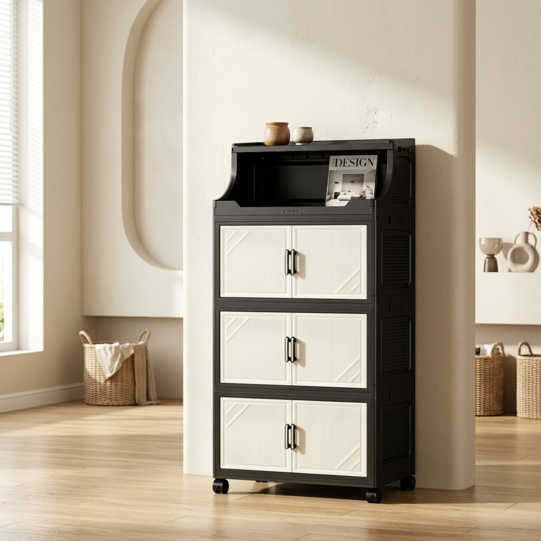 Multi Tier Folding Storage Cabinet with Wheels & Magnetic Doors