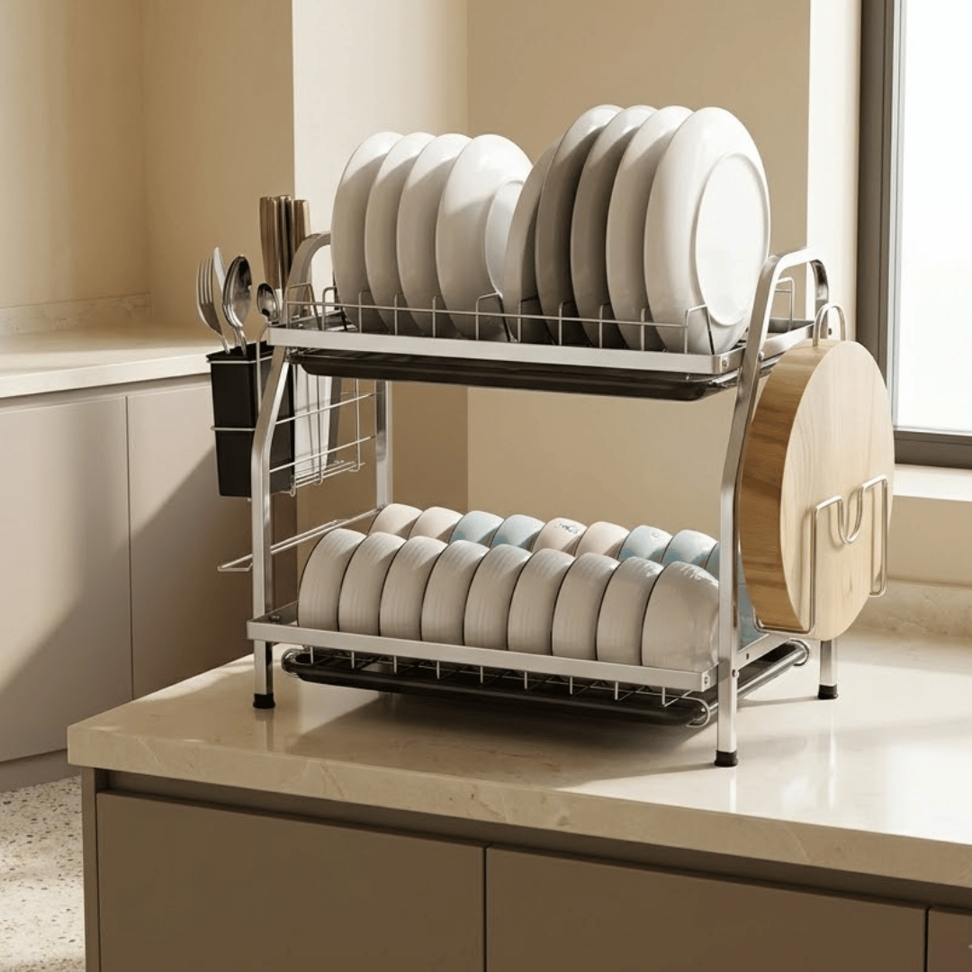 Two Tier Carbon Steel Dish Drainer Rack with Removable Drip Trays