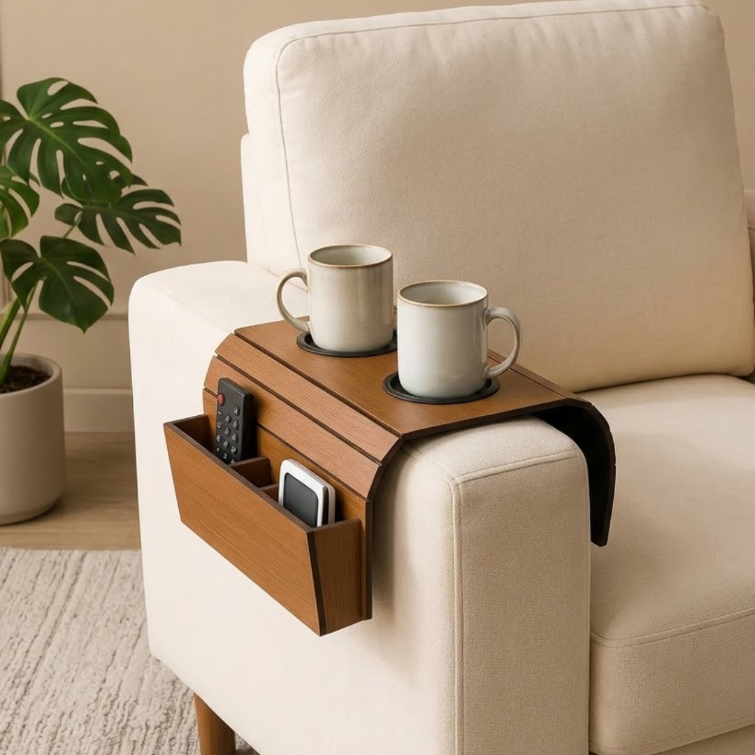 Flexible Wooden Sofa Armrest Tray Table With Dual Cup Holders And Remote Storage