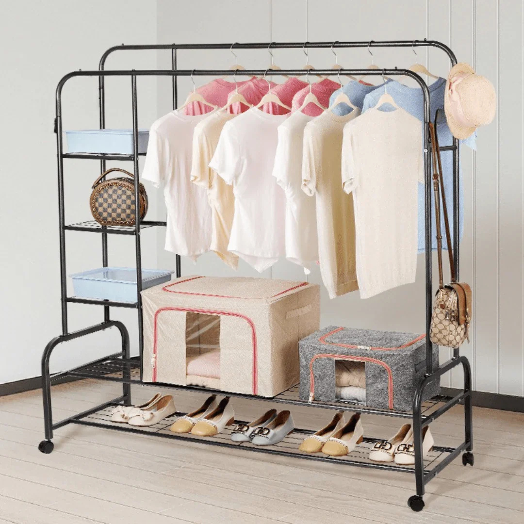 Multifunctional  Double Rail Garment Shoe Rack With Wheels