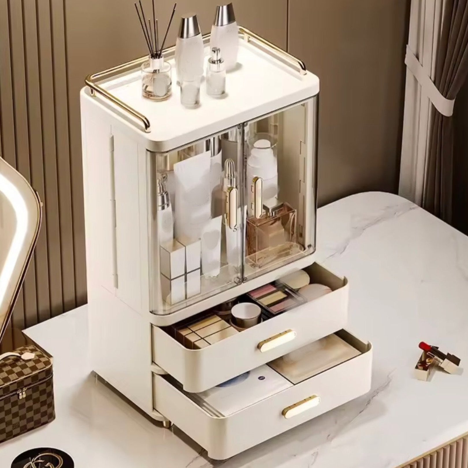 Multipurpose Makeup Organizer Cabinet With Transparent Double Doors And Drawer Storage