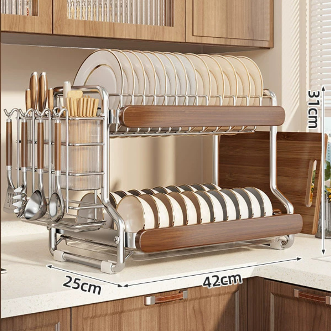 Premium Stainless Steel Dish Drying Rack with Solid Wood Storage Organizer