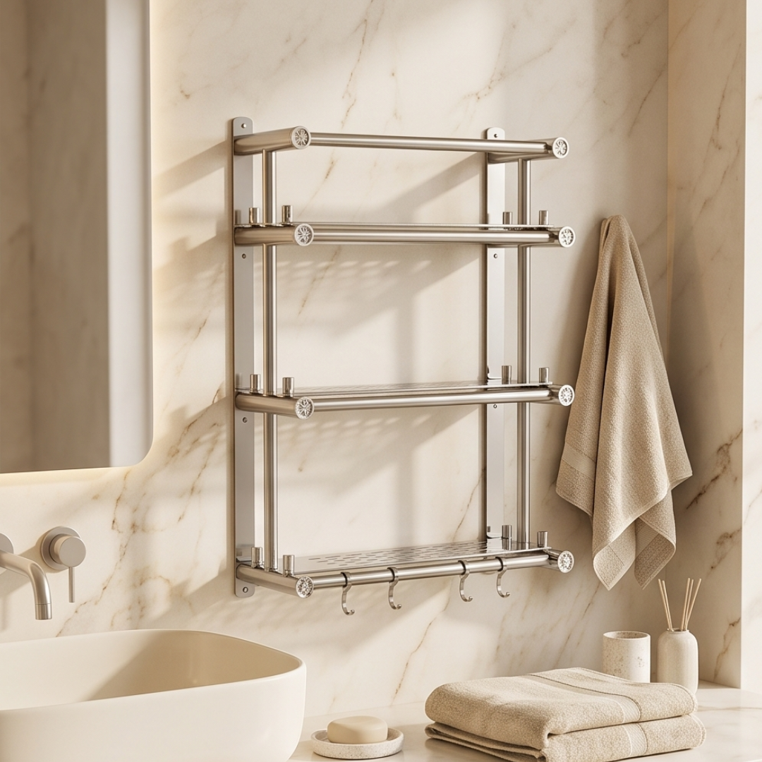 Heavy Duty Stainless Steel Bathroom Storage Rack With Towel Bar