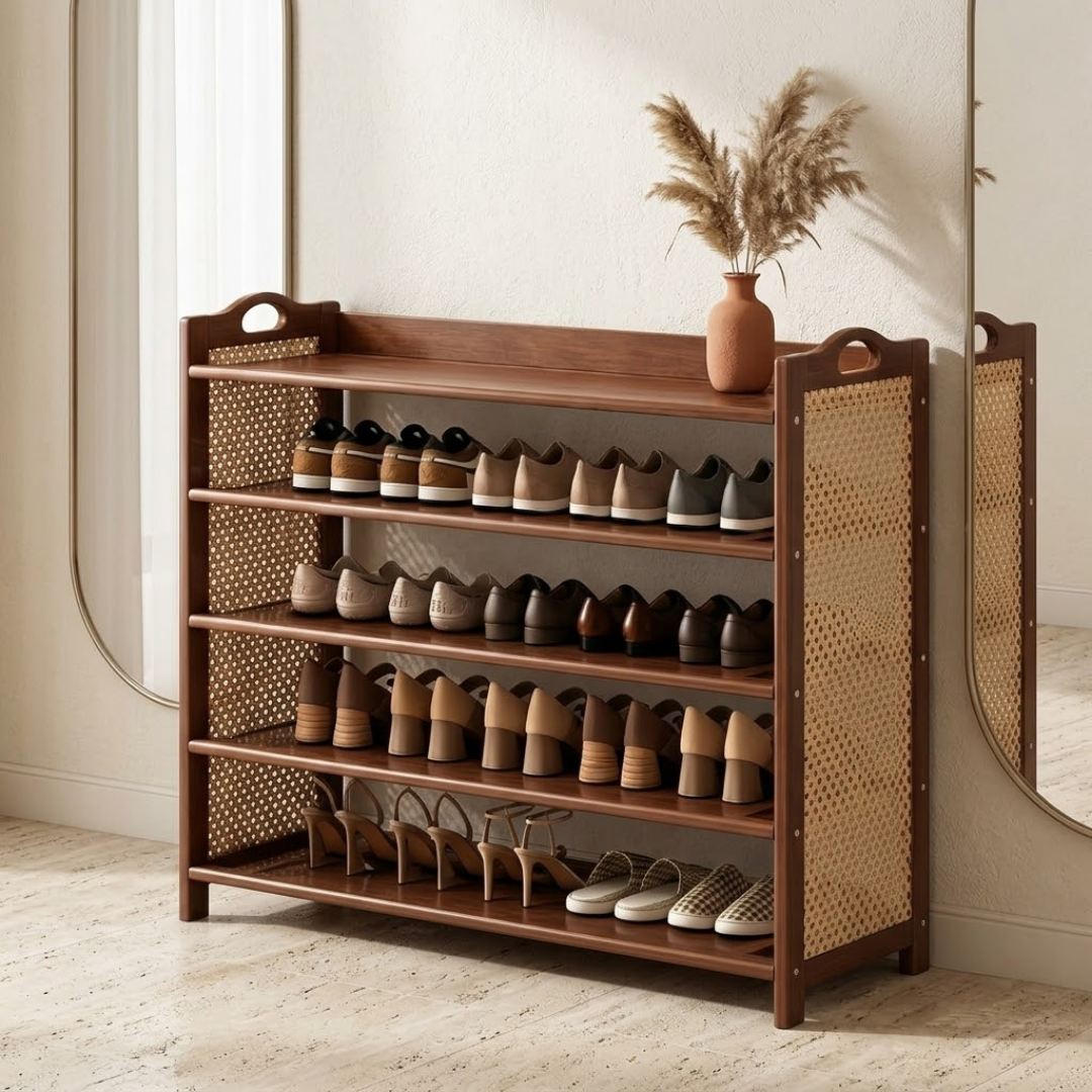 5 Tier Bamboo Shoe Rack with Woven Rattan Panels