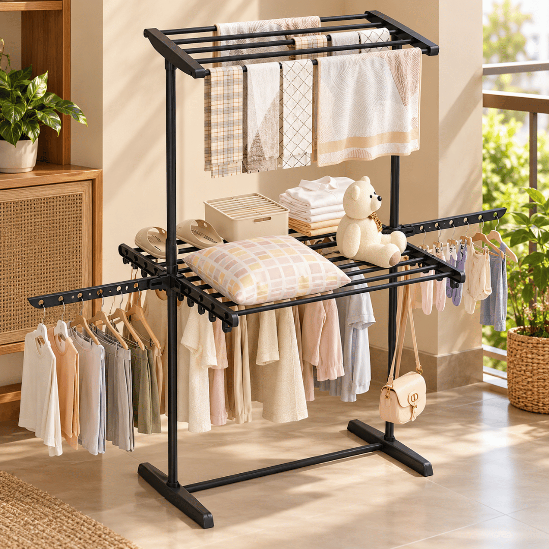 Multipurpose Two Tier Clothes Drying Stand with Hanger Slots and Accessory Hooks