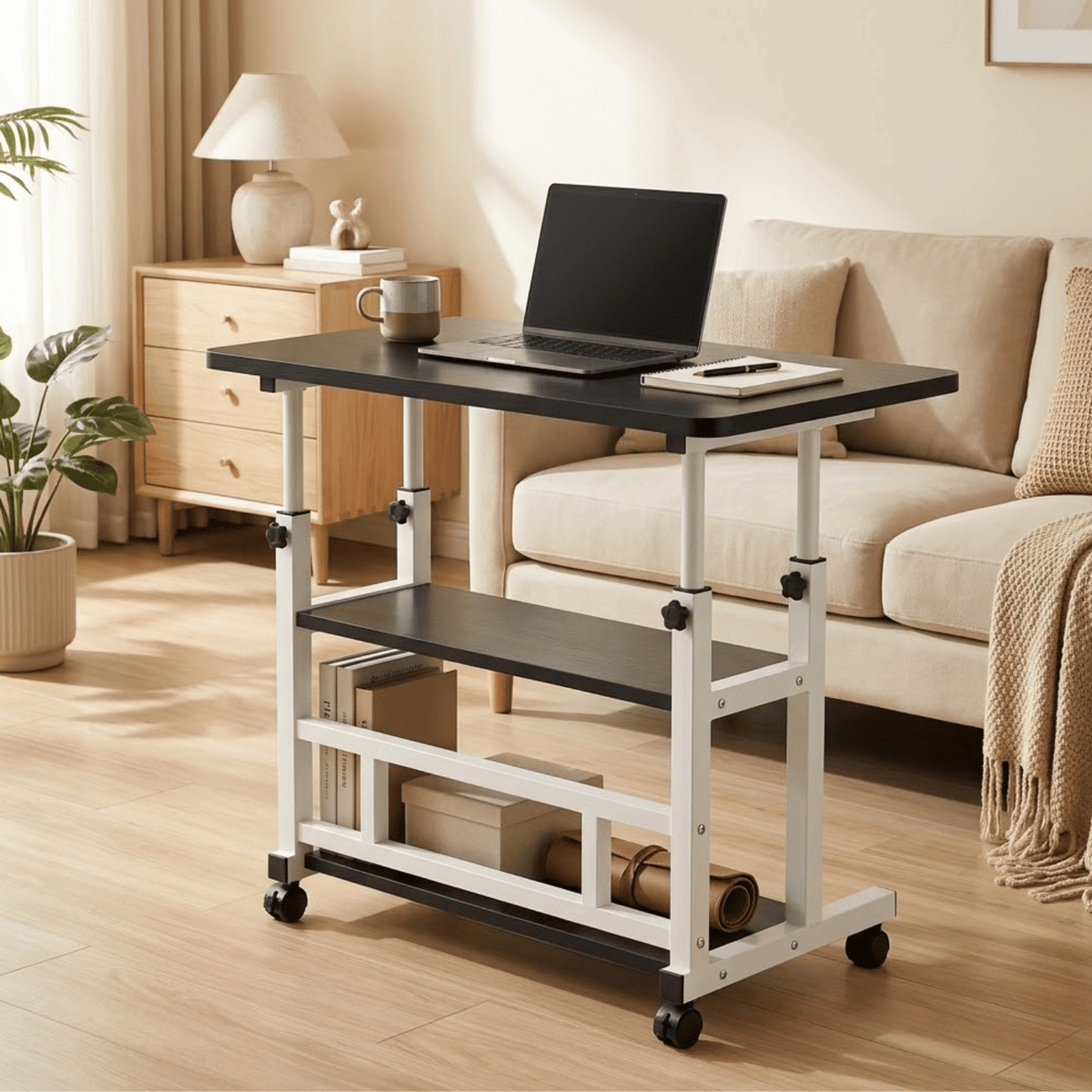 Height Adjustable Rolling Laptop Desk with Storage Shelves