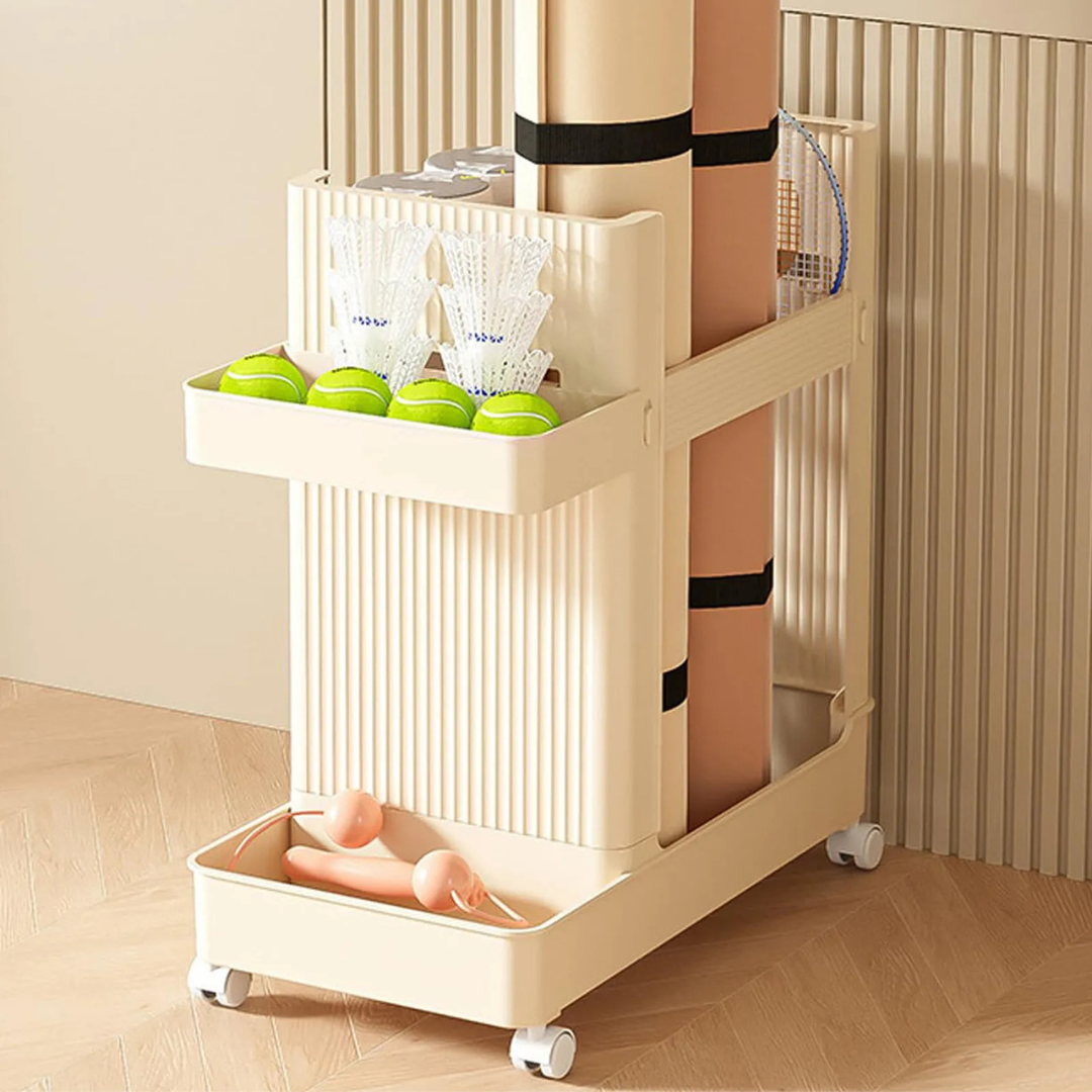 Multipurpose Yoga Mat and Fitness Equipment Storage Rack with Wheels