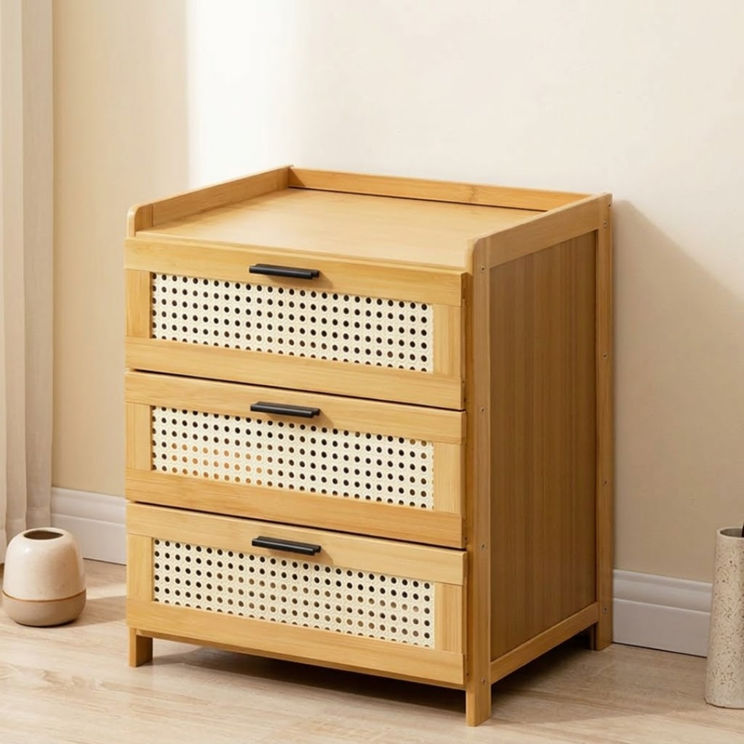 Multipurpose Bamboo Side Table with Three Drawers
