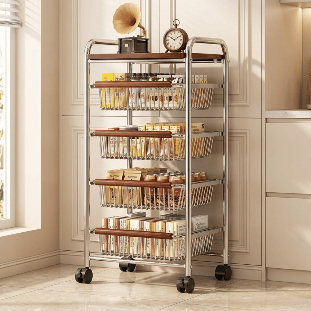 Vintage Multi Layer Storage Trolley with Pull Out Baskets and Detachable Tabletop