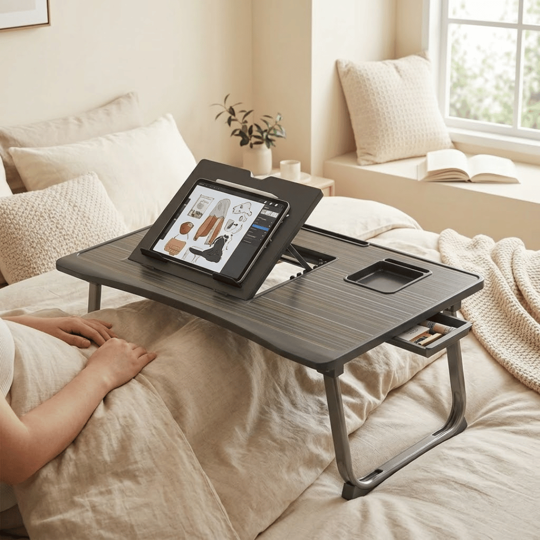 Multipurpose Wooden Laptop Desk with Tilting Panel and Foldable Legs