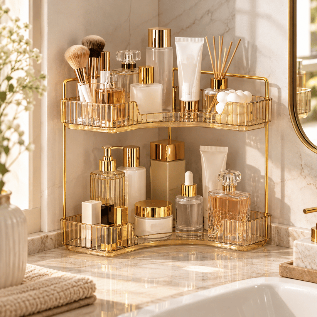 2 Tier Corner Bathroom Counter Organizer with Amber Gold Trays