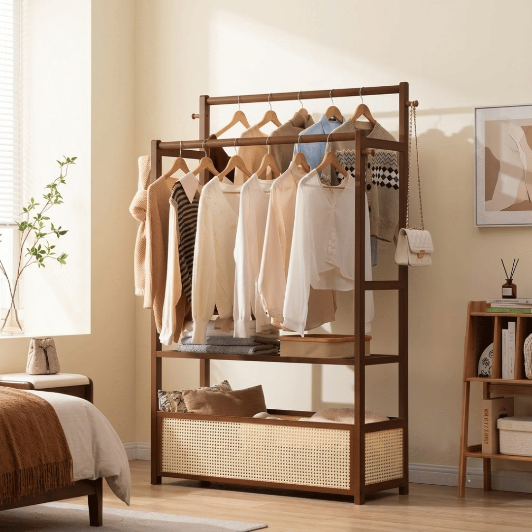 Multifunctional Bamboo Garment Rack with Double Hanging Rods & Rattan Cabinet Storage Shelf