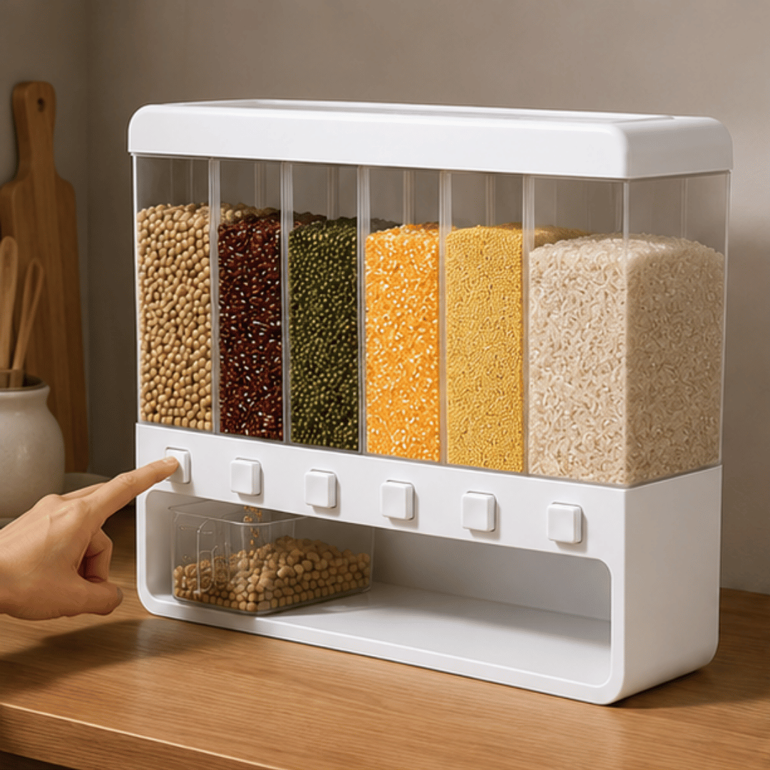 Six Compartment Airtight One Touch Grain Dispenser Storage Container With Measuring Cup