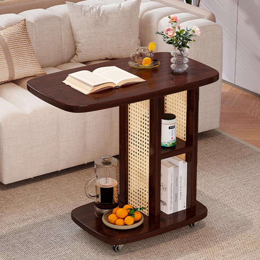 Wooden C Shaped Mobile Sofa Side Table with Woven Resin Storage