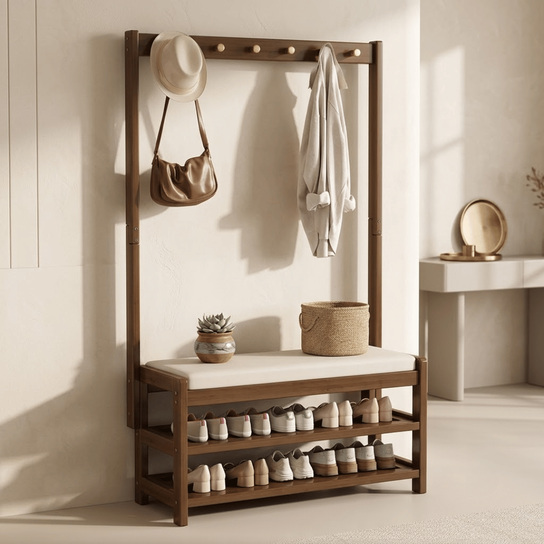Multi Functional Bamboo Clothes Rack with Shoes Organizer Bench