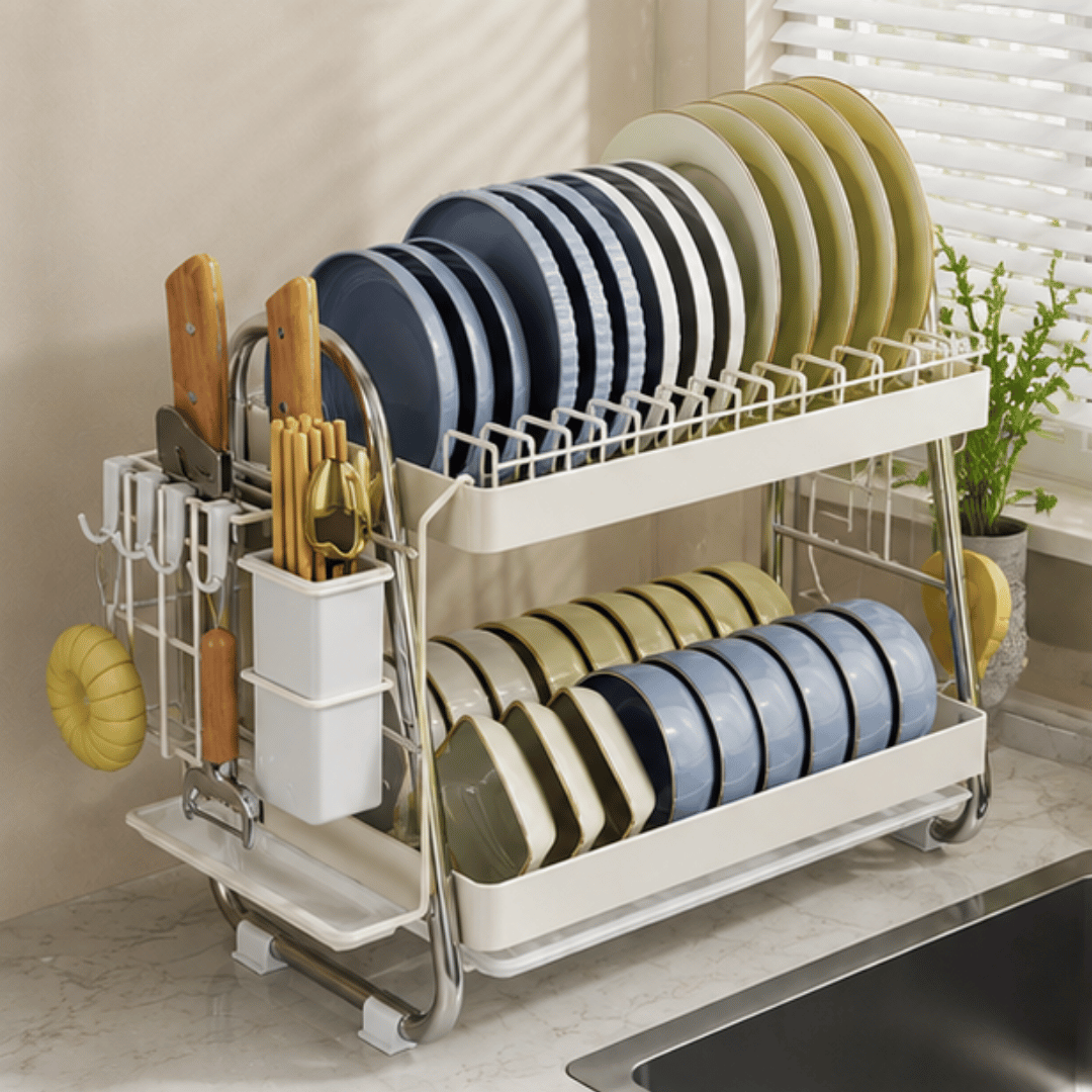Premium Two Tier Carbon Steel Dish Rack With Cutlery Holder Knife Slots And Drip Tray