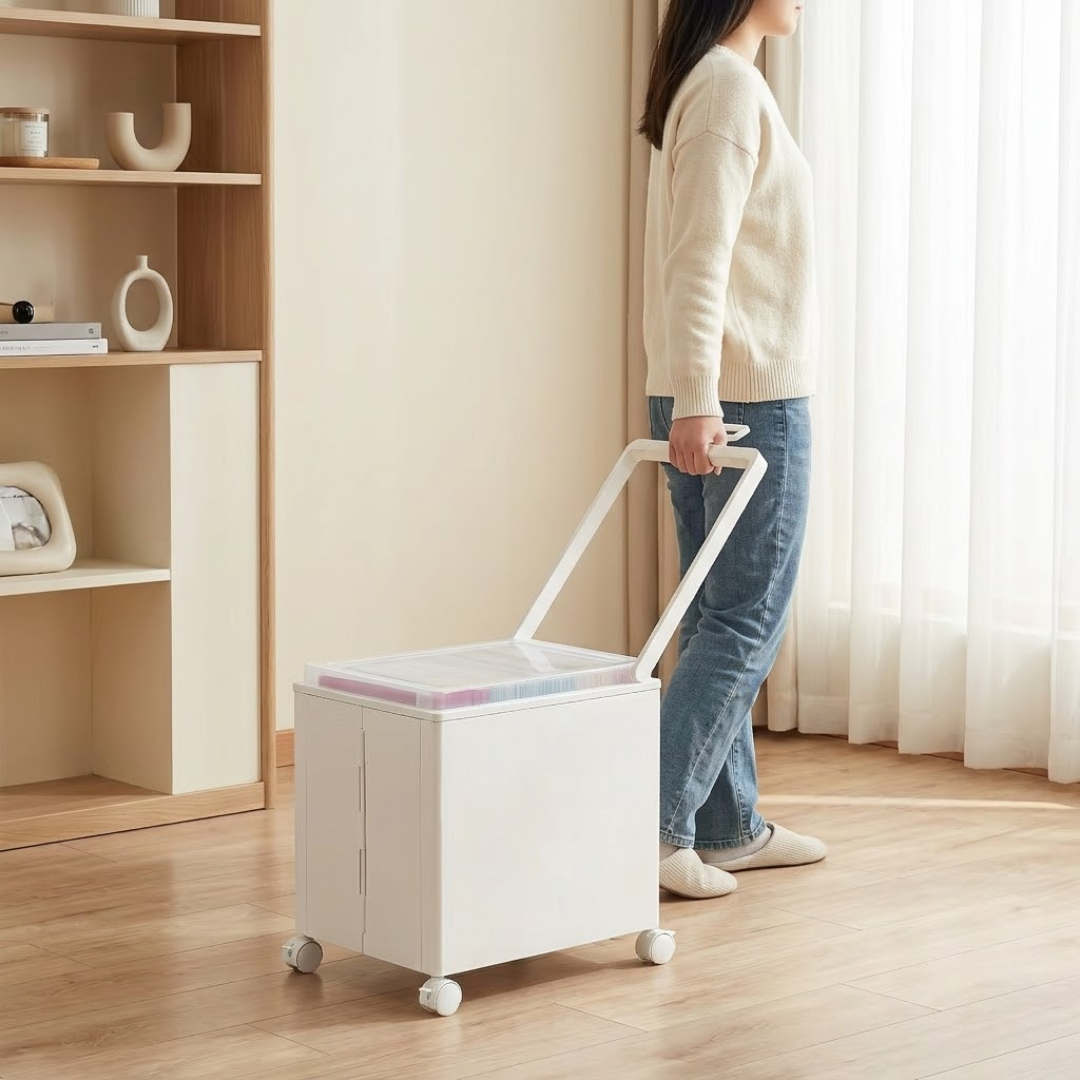 Foldable Rolling Storage Cart With Transparent Lid & Wheels