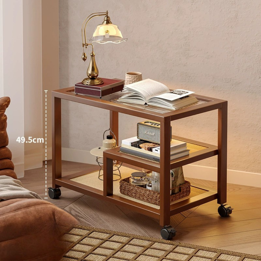 Premium Bamboo Rattan Rolling Side Table with Storage Shelves