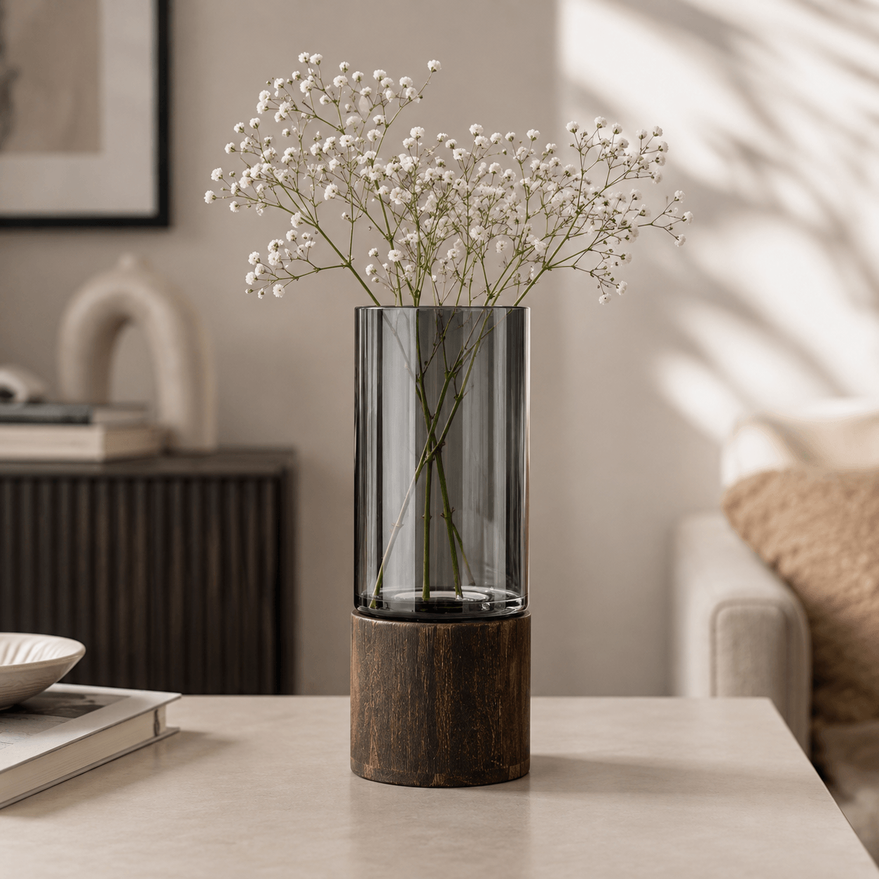 Homero Cylinder Vases with Wooden Base for Home Decor
