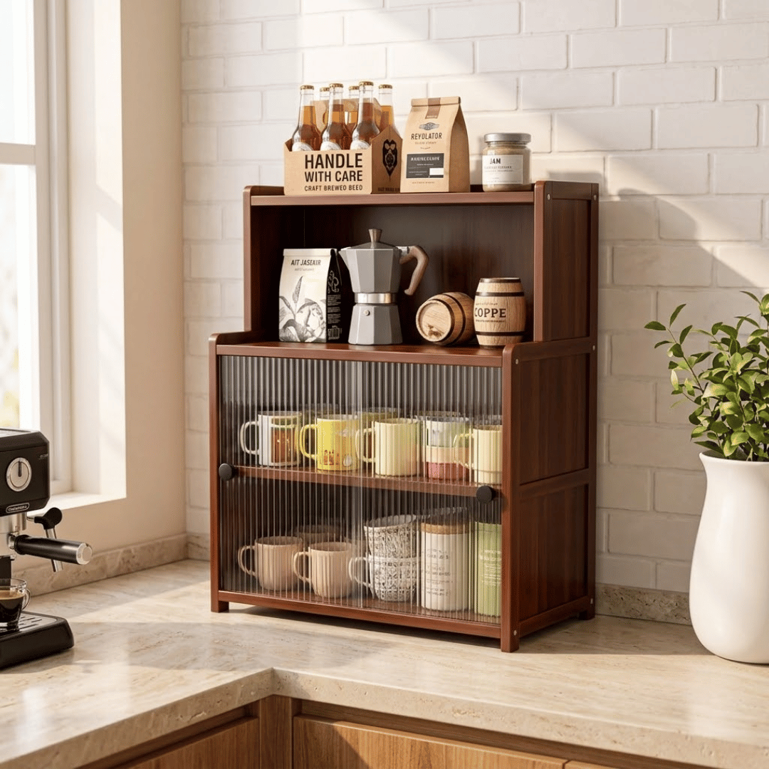 Premium Wooden Countertop Organizer with Open Shelf and Dust Protected Sliding Compartments