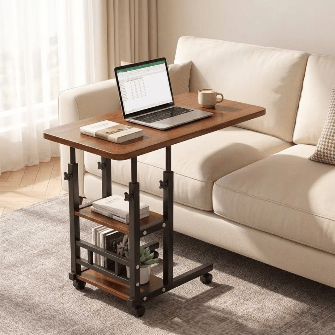 Adjustable C Shape Mobile Laptop Stand Table with Storage Shelves & Wheels