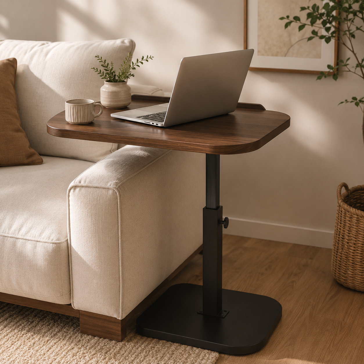 360° Swivel Adjustable C Shape Wooden Top Side Table