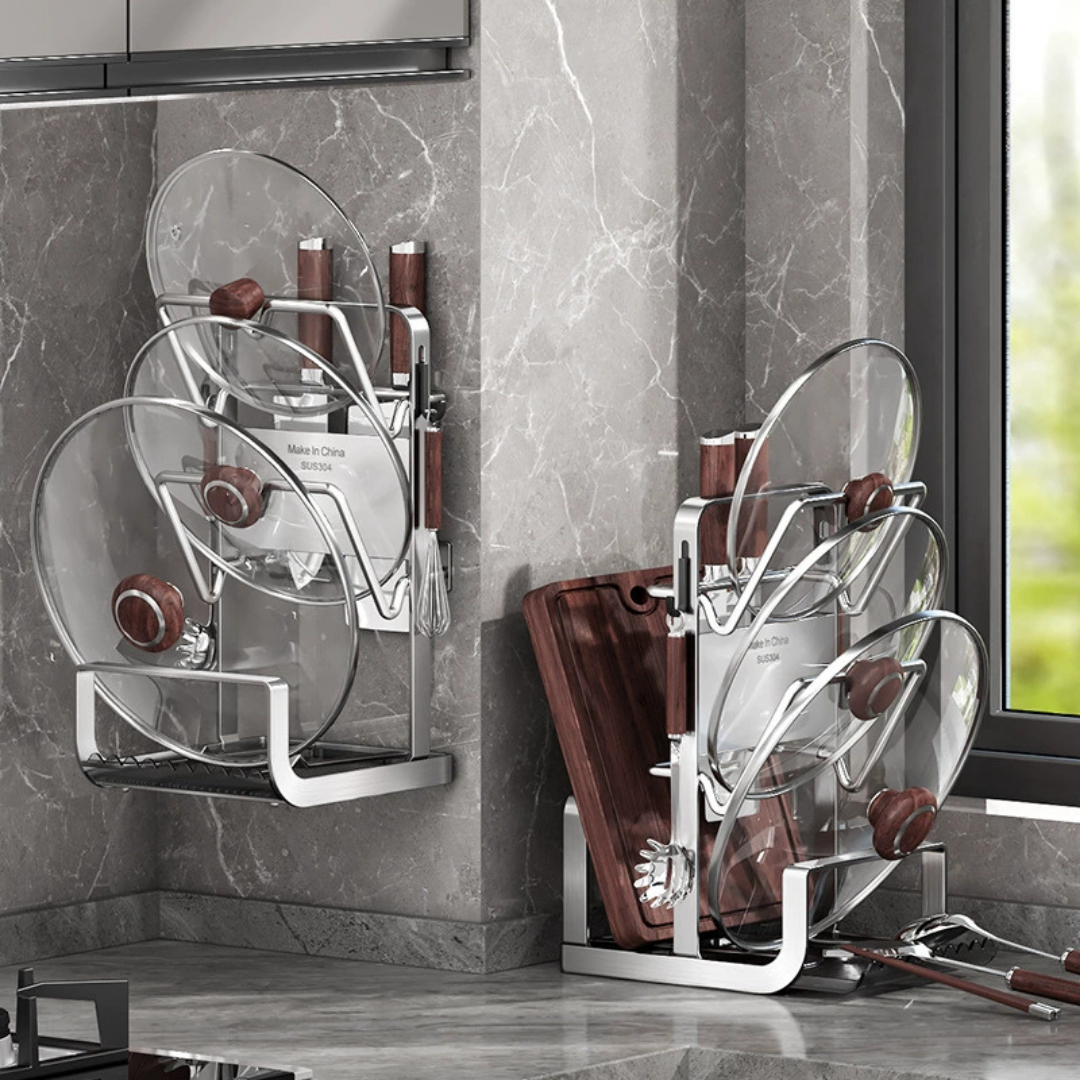 HOMERO Wall Mount Design Multifunctional Stainless Steel Pot Lid Rack with Drip Tray