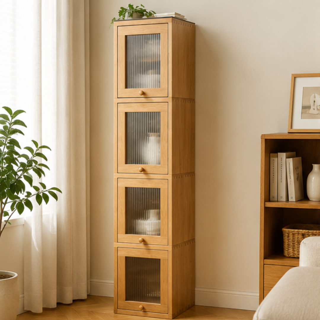 Premium Solid Oak Standalone Glass Door Storage Cabinet