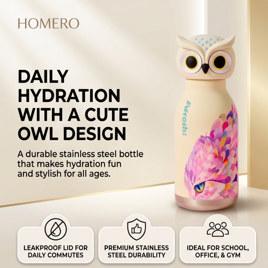Cute Owl Stainless Steel Leakproof Sipper Drinking Bottle with Straw