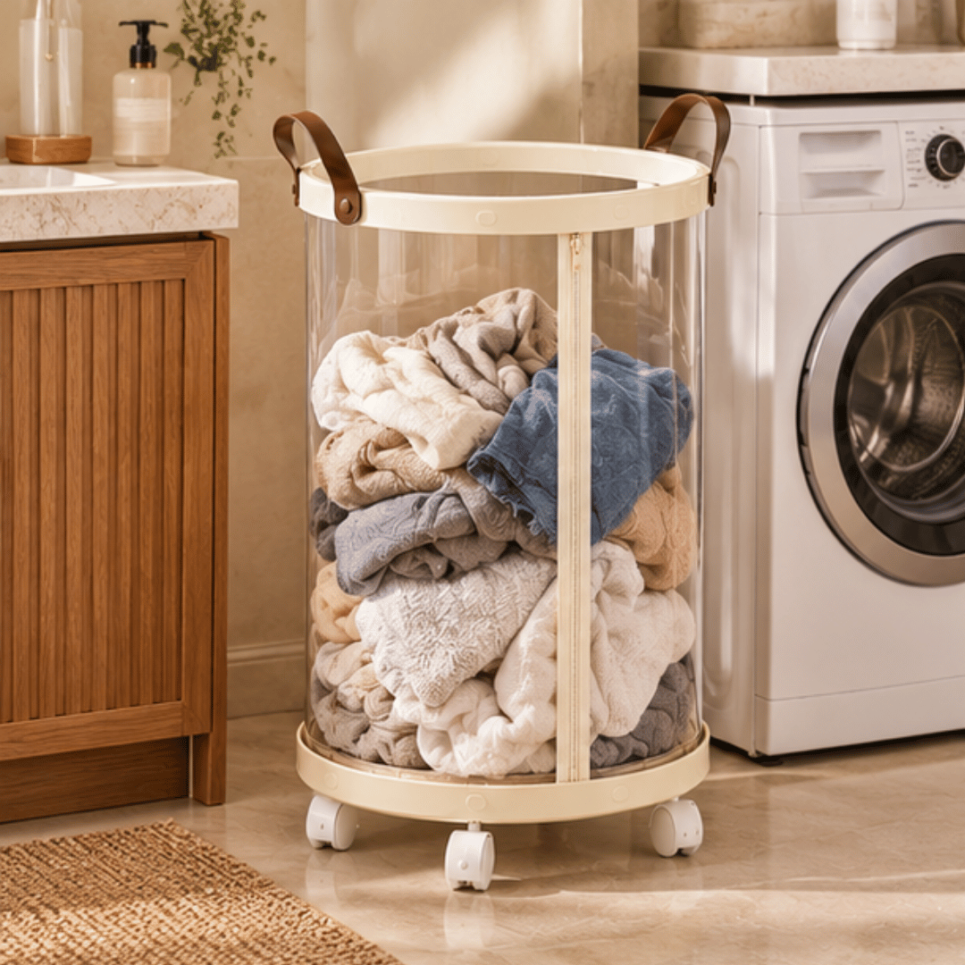 Modern Foldable Laundry Storage Basket with Transparent Body and Rotating Wheels