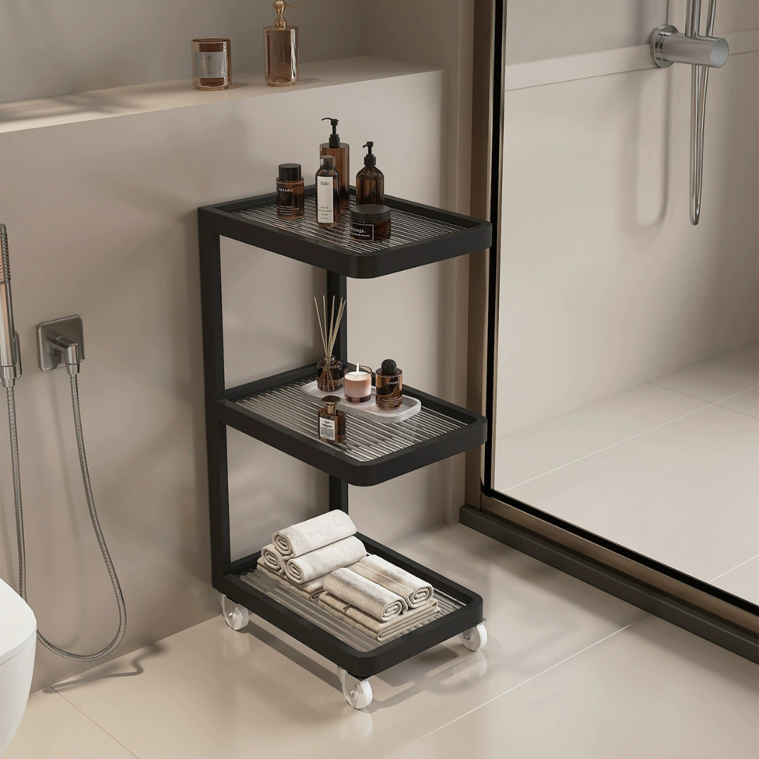 Premium 3 Tier Rolling Storage Cart with Reeded Glass