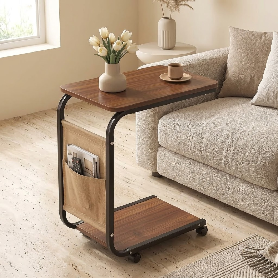 Multipurpose Double Layer C Shaped Wheeled Side Table