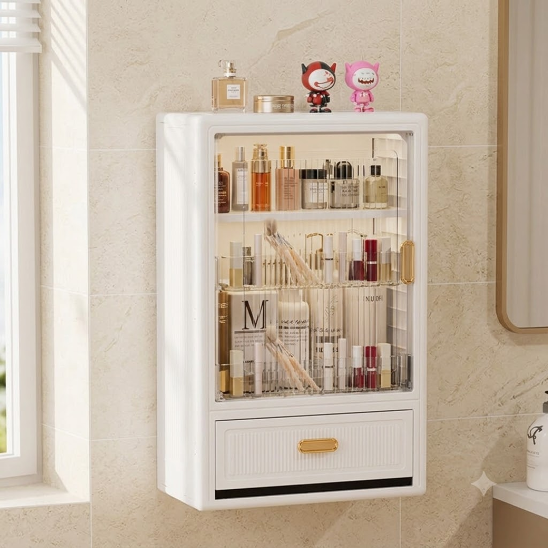 Elegant Wall Mounted Storage Cabinet With Fluted Glass & Drawer