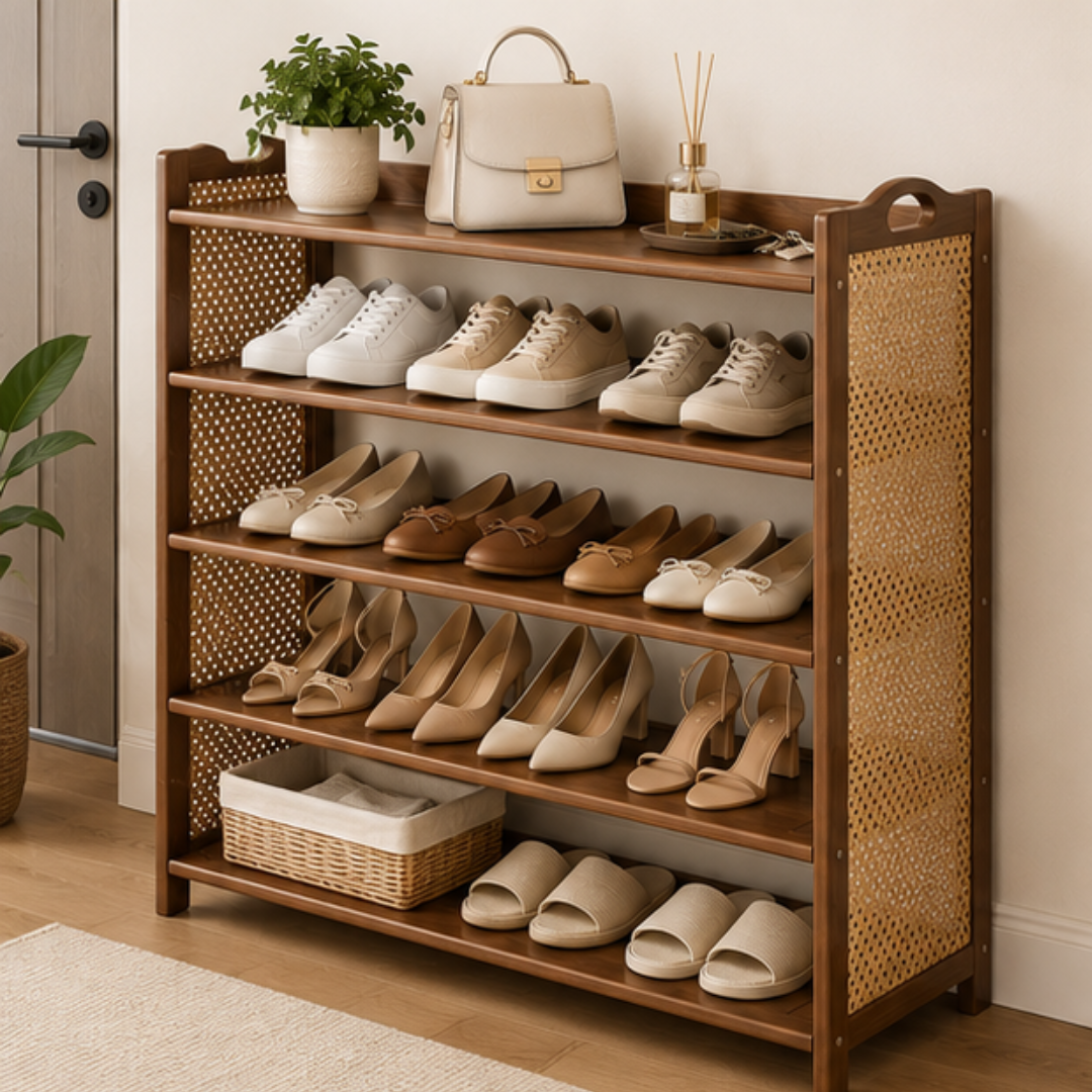 5 Tier Bamboo Shoe Rack with Woven Rattan Panels