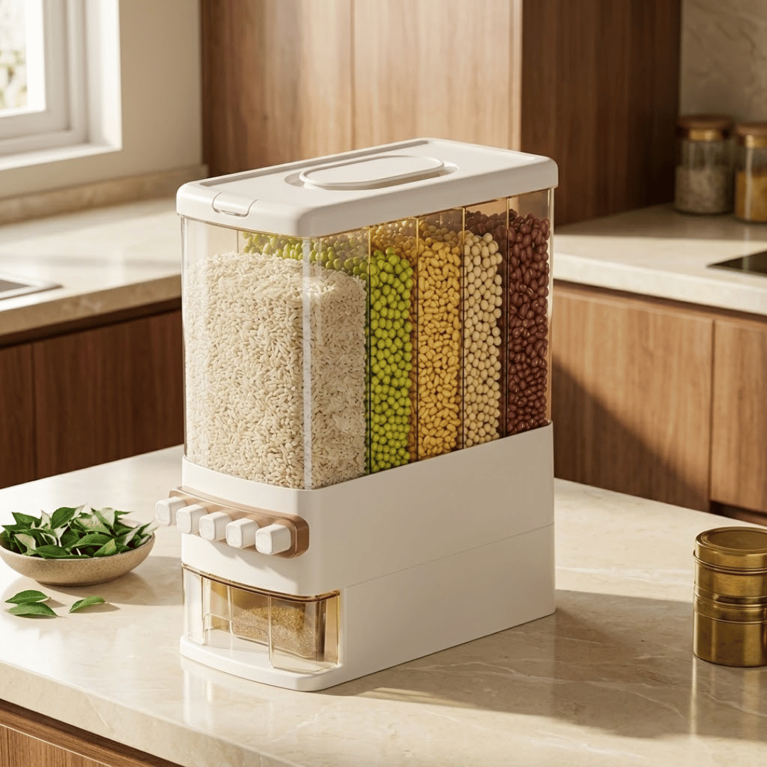 5 Grid Airtight Grain Dispenser with Push Button & Measuring Cup