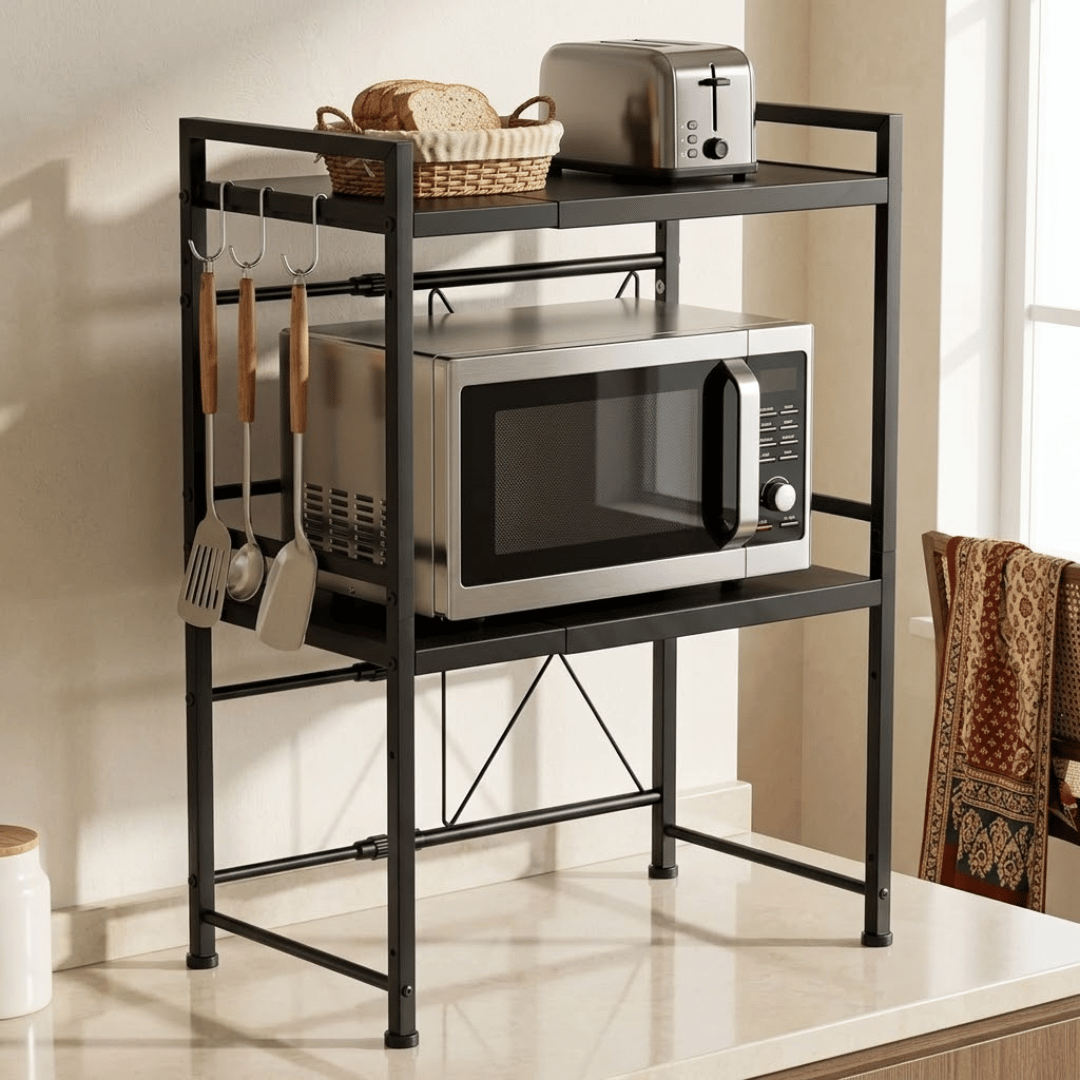 Two Tier Adjustable Microwave Oven Shelf Kitchen Counter Organizer with Hooks
