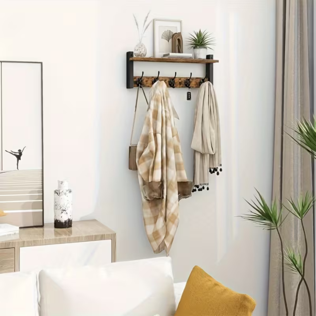 Multipurpose Wooden Wall Hanging Shelf with 5 Strong Metal Hooks