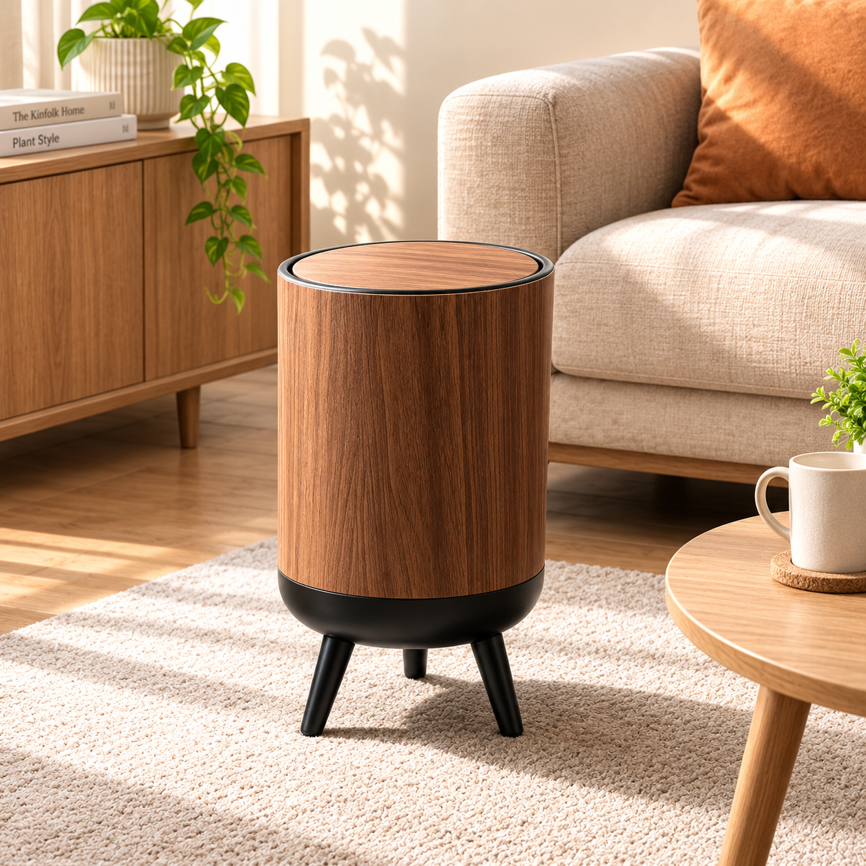 Nordic Style Wooden Grain Elevated Trash Can - 15L Capacity