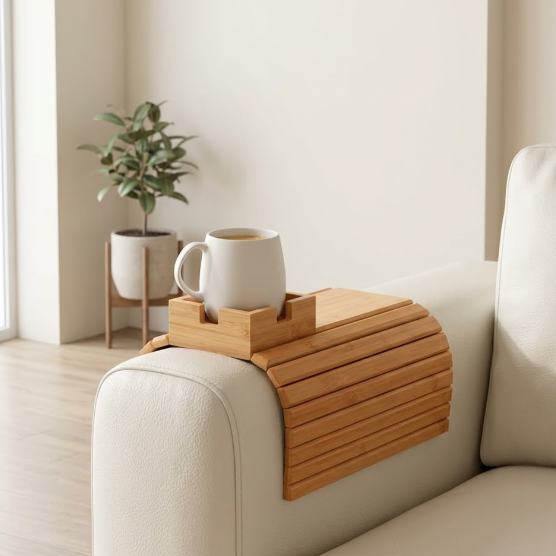 Bamboo Couch Armrest Tray Table with Cup Holder & Snack Organizer